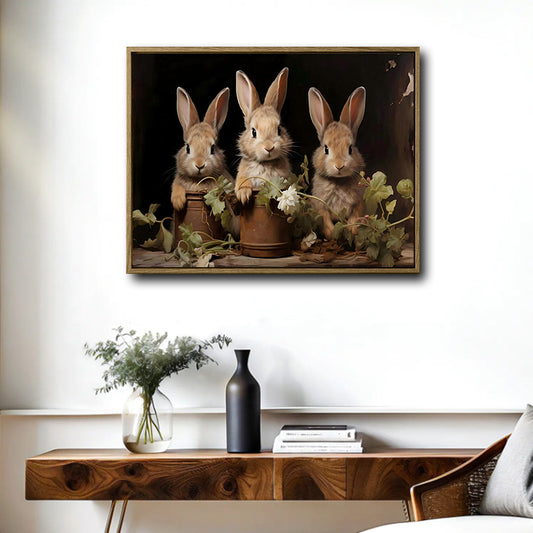 Cottage Farmhouse Wall Decor, Three Cute Brown Rabbits With Terracotta Flower Pots & Green Foliage, Dark Moody Vintage Oil Painting Horizontal Canvas Art, Rustic Spring Easter Bunny Artwork