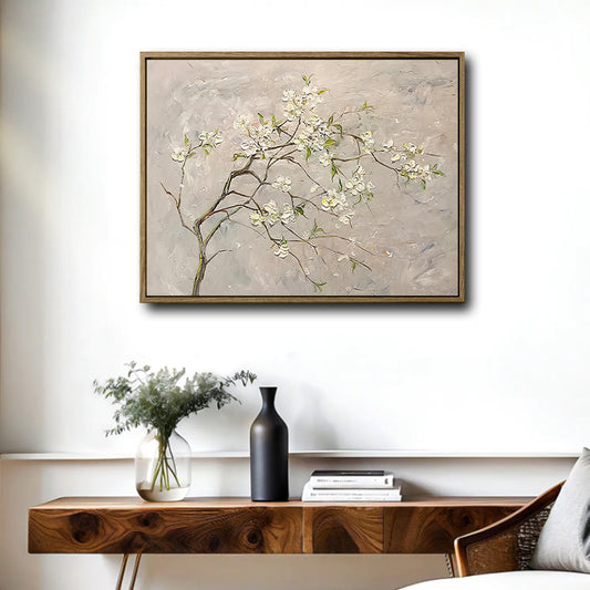 Soft Neutral Botanical Canvas Poster, Vintage Textured Oil Painting White Spring Blossom Artwork for Cottage Gallery Wall Decoration