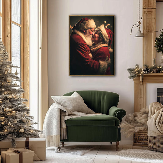 Romantic Santa & Mrs Claus Framed Canvas Wall Art, Christmas Farmhouse Decor
