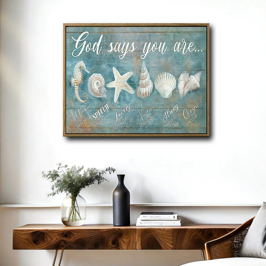 God Says You Are Coastal Bible Verse Canvas Print, Seashell Christian Horizontal Wall Art