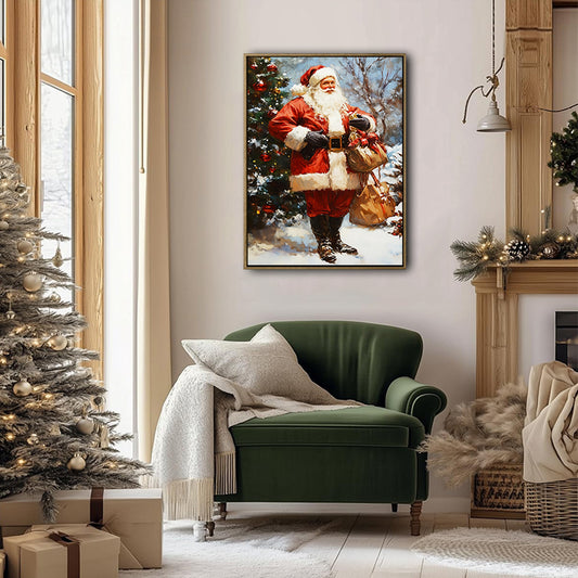 Vintage Santa Claus Holding Gift Bags Snowy Christmas Tree Framed Wall Art