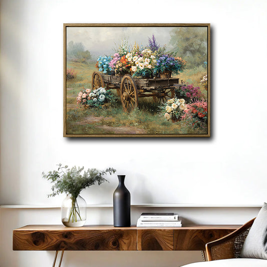 Vintage Flower Cart Canvas Wall Art Country Floral Farmhouse Horizontal Home Decor