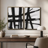 2 Piece Modern Impasto Abstract Line Canvas Prints Bold Black Brush Painting Neutral Contemporary Wall Art