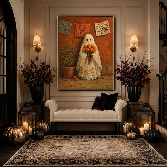 Vintage Ghost Holding Marigold Flower Folk Art Halloween Framed Wall Art Print