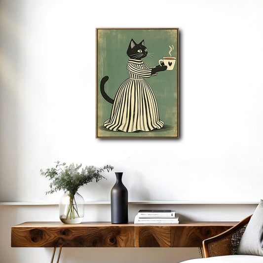 Vintage Black Cat Coffee Cup Canvas Wall Art