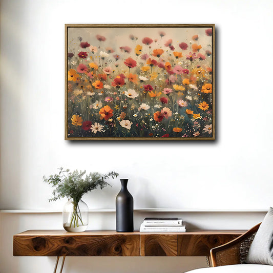 Vintage Wildflower Meadow Canvas Wall Art | Colorful Retro Floral Oil Painting Print for Farmhouse Home Decor