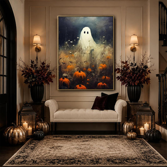 Vintage Ghost Pumpkin Field Halloween Framed Wall Art Print