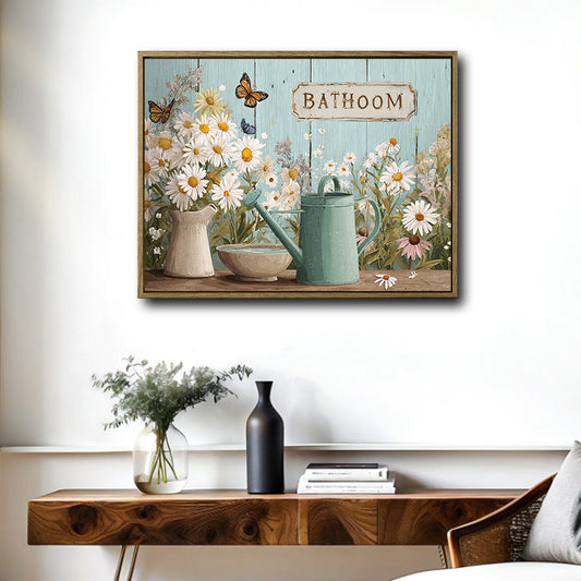 Farmhouse Garden Bathroom Canvas Poster, Soft Watercolor‑Style Daisies Watering‑Can Artwork for Guest Bathroom Wall Decor