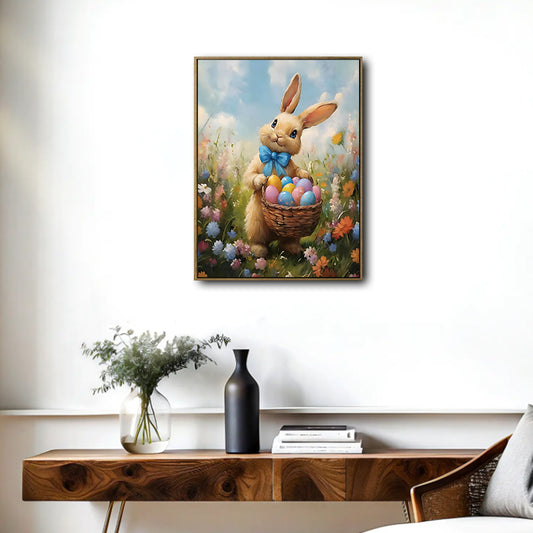 Easter Bunny Blue Bow Holding Egg Basket Wildflower Canvas Wall Art