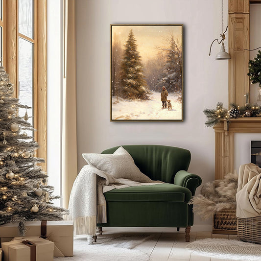 Vintage Man & Dog Snowy Winter Forest Framed Wall Art Christmas Decoration