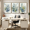 Set of 3 Teal Blue Floral Botanical Watercolor Canvas Wall Art