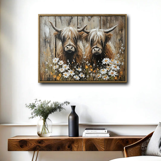 Farmhouse Country Wall Decor, Pair of Fluffy Highland Cows Among White Daisies, Vintage Distressed Wooden Plank Texture Oil Painting Style Horizontal Canvas Artwork