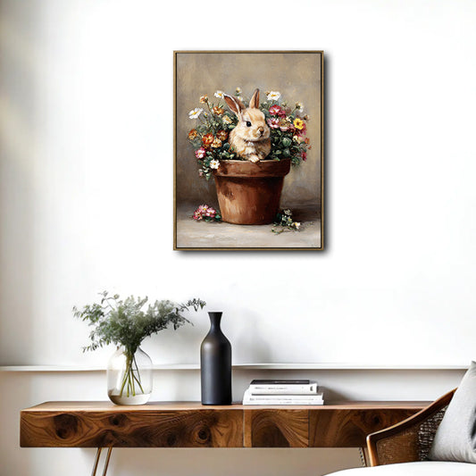 Vintage Bunny in Terracotta Pot Mixed Wildflowers Canvas Wall Art