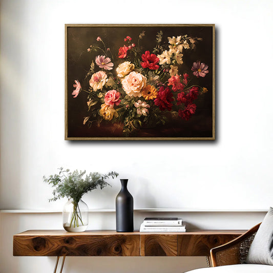 Moody Vintage Floral Canvas Print | Classical Baroque Flower Bouquet Oil Painting Wall Art, Dark Background Botanical Home Decor