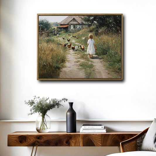 Little Girl Feeding Chickens Farm Canvas Wall Art Vintage Farmhouse Horizontal Home Decor