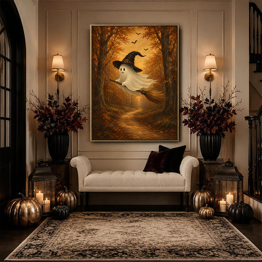 Vintage Ghost Witch Hat Broom Fall Forest Halloween Framed Wall Art Print