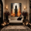 Mysterious Dark Witch Fire Scene Framed Canvas Wall Art, Gothic Halloween Wall Decor