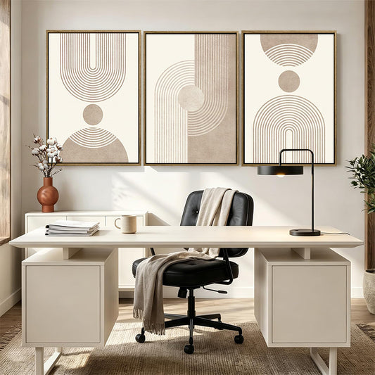 Set of 3 Neutral Boho Arch Geometric Canvas Prints, Mid Century Vertical Wall Art