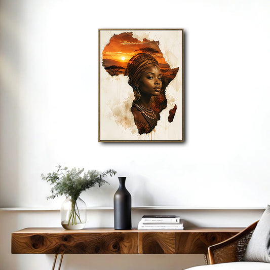 Vintage Watercolor Africa Map Canvas Poster, Tribal Woman Savannah Sunset Artwork for Gallery Wall Ethnic Home Decor