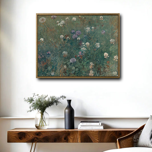 Muted Vintage Wild Grass & Clover Canvas Art | Dark Green Botanical Meadow Artwork for Cottage French Country Decor