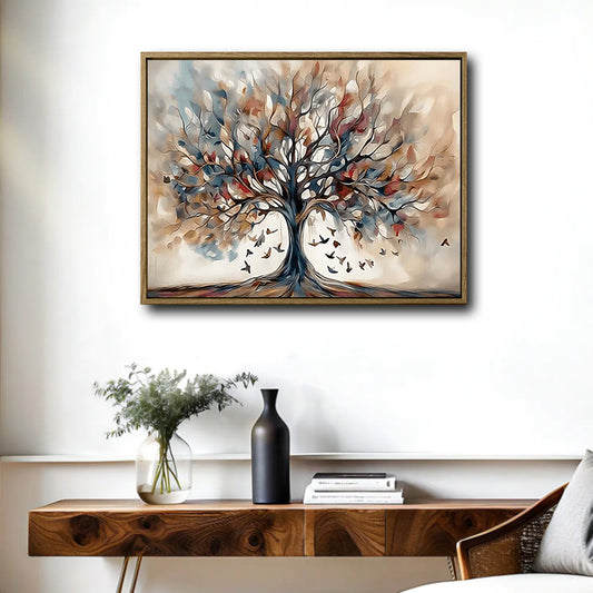 Abstract Tree of Life Canvas Wall Art, Vintage Neutral Color Tree with Flying Birds Print, Horizontal Modern Farmhouse Living Room Wall Decor