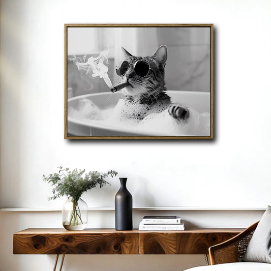 Modern Bathroom Wall Decor, Cool Tabby Cat Wearing Sunglasses Smoking Cigar In Bubble Bathtub, Black And White Photography Style Horizontal Canvas Art, Humorous Pet Artwork