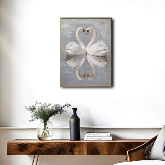 Soft Muted Vintage Swan Artwork | Two White Swans with Reflection Lake Scene Canvas for French Country Cottage Decor