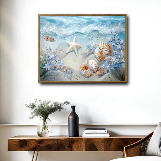 Underwater Starfish Seashell Blue Floral Canvas Print, Coastal Beach Horizontal Wall Art