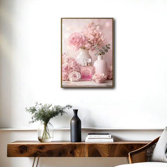 Valentine Pink Floral Perfume Bottle Canvas Wall Art, Soft Pink Rose Peony Vase Still Life Framed Canvas Print, Romantic Coquette Bedroom Vanity Wall Decor