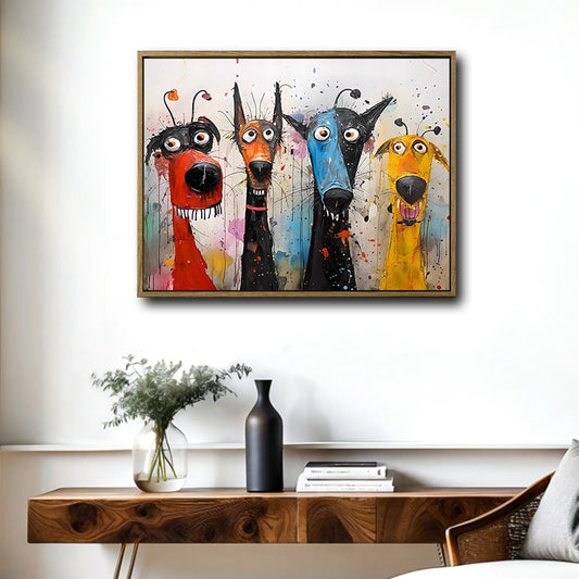 Four Colorful Whimsical Funny Dogs Canvas Wall Art, Abstract Graffiti Splash Paint Dog Horizontal Print, Modern Pop Art Pet Lover Living Room Wall Decor