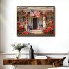 Patriotic Red Rose Colonial House American Flag Canvas Wall Art, Farmhouse Floral Front Porch Canvas Painting