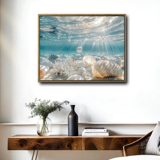 Underwater Seashell & Coral Canvas Print, Sunlight Ocean Coastal Horizontal Wall Art