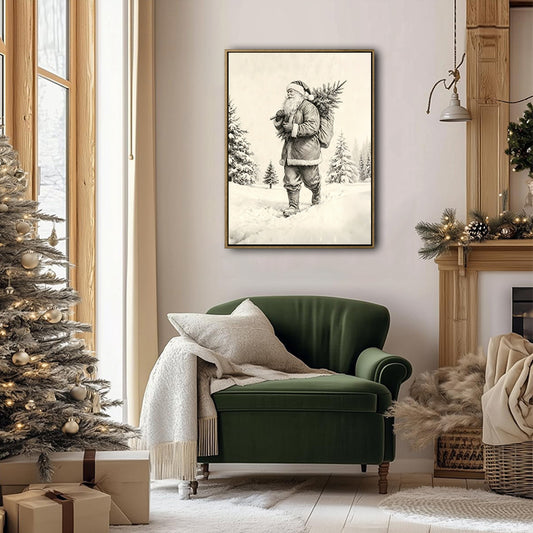 Vintage Sketch Santa Carrying Christmas Tree Framed Wall Art Christmas Decoration