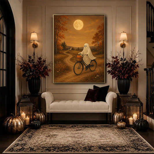 Vintage Ghost Riding Bike Pumpkin Full Moon Halloween Framed Wall Art Print