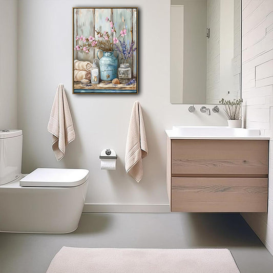 Coastal Bathroom Canvas Wall Art, Teal Metal Pitcher Pink Blossom Lavender Seashell Vertical Print, Shabby Chic Beach Cottage Spa Bathroom Wall Decor