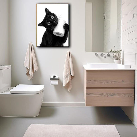 Funny Black Cat Holding Toilet Paper Roll Wall Art, Black and White Cat Bathroom Canvas Print, Quirky Pet Restroom Wall Decor