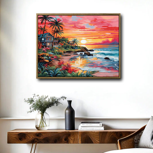 Hawaiian Tropical Beach Sunset Canvas, Colorful Coastal Cottage Wall Decor