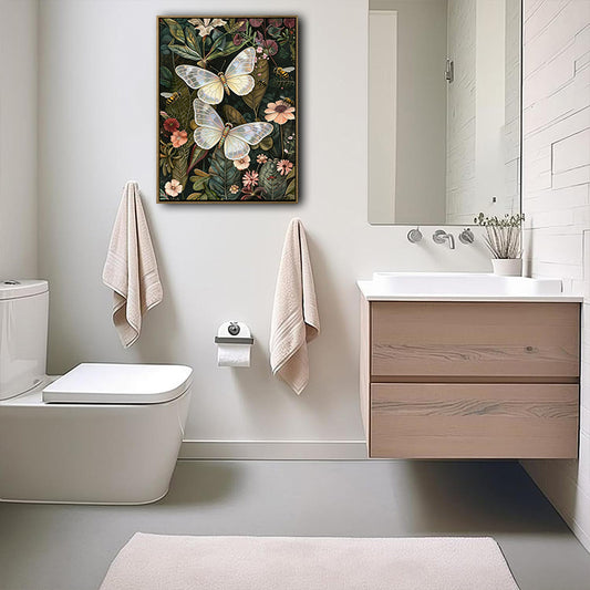 Moody Dark Garden Canvas Poster, Antique‑Style Moth Butterflies Bees Wildflower Artwork for Living Room Bedroom Wall Decor