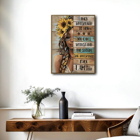 Inspirational I Am The Storm Canvas Print, Black Woman Sunflower Crown Motivational Quote Wall Art