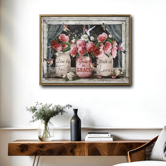 Rustic White Window Wall Decor, Mason Jar Pink Peony Hummingbird Faith Grace Love Inspirational Canvas Art, Horizontal Vintage Farmhouse Religious Artwork