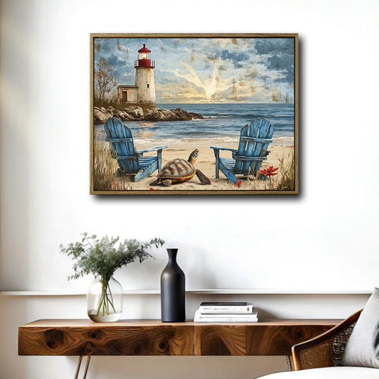 Vintage Lighthouse Beach Sea Turtle Canvas Print, Coastal Sunset Horizontal Wall Art