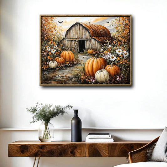 Rustic Fall Barn Pumpkin Canvas Wall Art, Vintage Farmhouse Autumn Daisies Harvest Scene Framed Canvas Print, Thanksgiving Home Decor