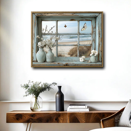 Distressed Blue Window Beach Canvas Wall Art, White Flower Vase Butterfly Seaside Ocean View Print, Horizontal Farmhouse Coastal Cottage Wall Decor