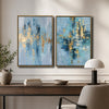2 Piece Modern Coastal Blue Gold Leaf Abstract Canvas Prints Vertical Brushstroke Painting Contemporary Wall Art