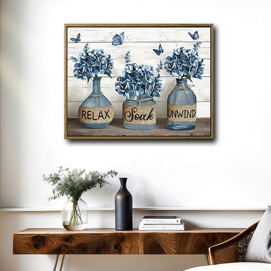 Relax Soak Unwind Blue Hydrangea Butterfly Rustic Bathroom Framed Wall Art