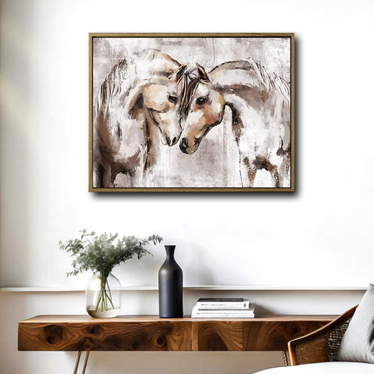 Farmhouse Western Wall Decor, Loving Pair of White Horses Abstract Impasto Painting, Distressed Neutral Grey Brown Background Horizontal Canvas Art, Equine Animal Artwork for Living Room