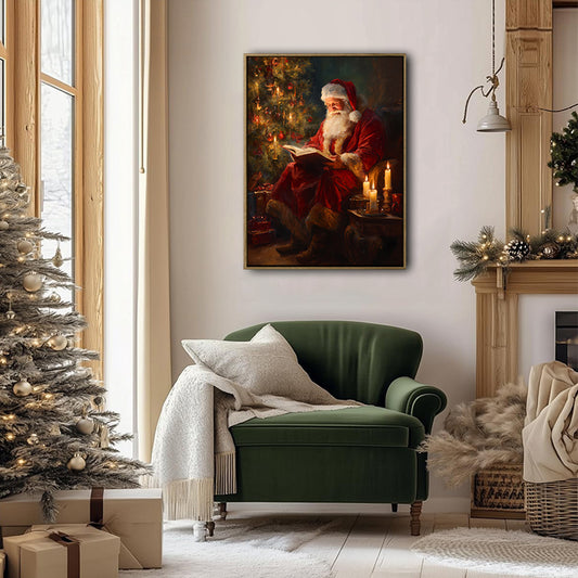 Vintage Santa Reading Book Candles Christmas Tree Framed Wall Art Christmas Decoration