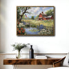 Red Barn Pond Wildflower Canvas Wall Art, American Flag Country Farm Landscape Framed Canvas Print, Farmhouse Patriotic Home Decor