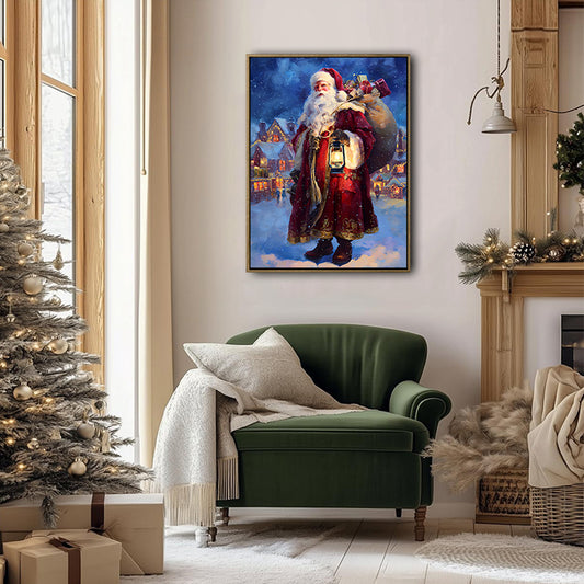 Vintage Santa Claus With Lantern Gift Sack Framed Wall Art Christmas Decoration