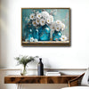 Teal Blue Glass Mason Jars White Daisy Hydrangea Canvas Wall Art, Faith Hope Love Floral Still Life Horizontal Print, Farmhouse Rustic Country Flower Wall Decor